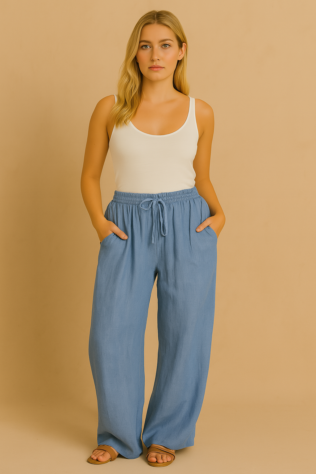Relaxed Blue Linen Pants - Ellyora